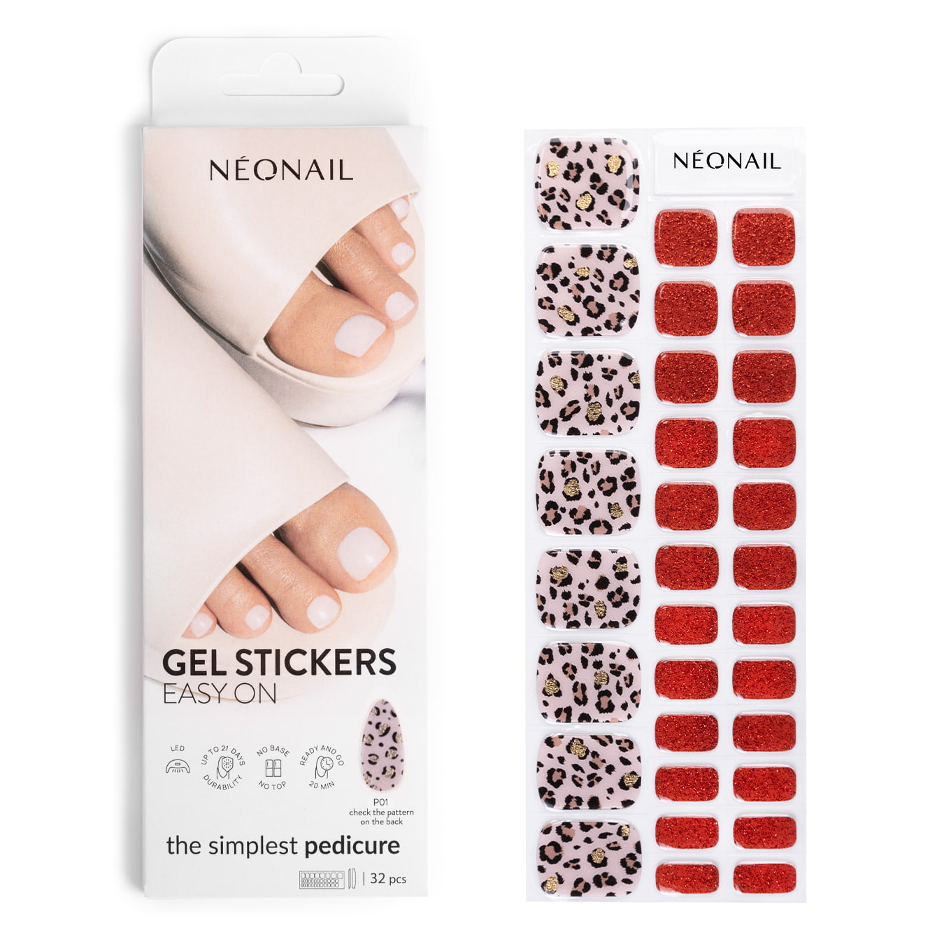 Gel Nail Stickers - pédicure rouge pailleté & panthère